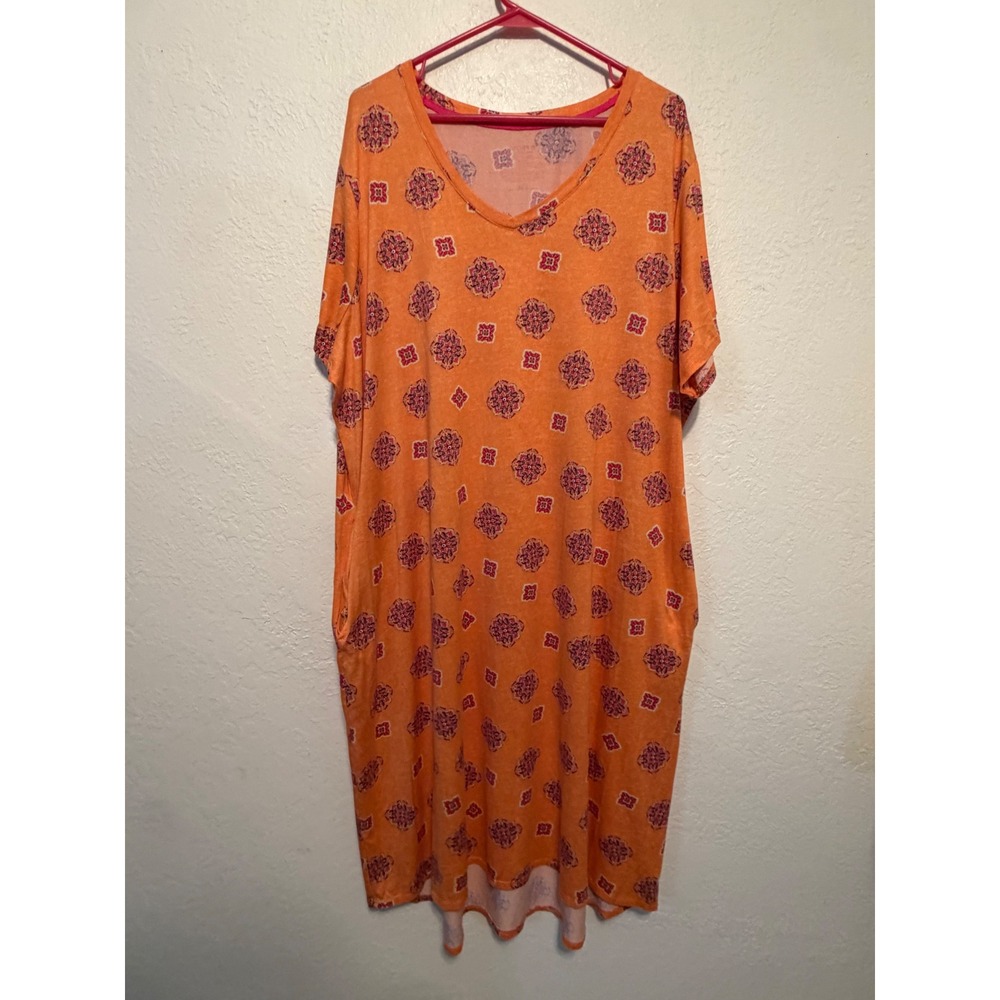Joyspun Orange Medallion Print V-Neck Sleep Dress with Pockets 3X 22W-24W